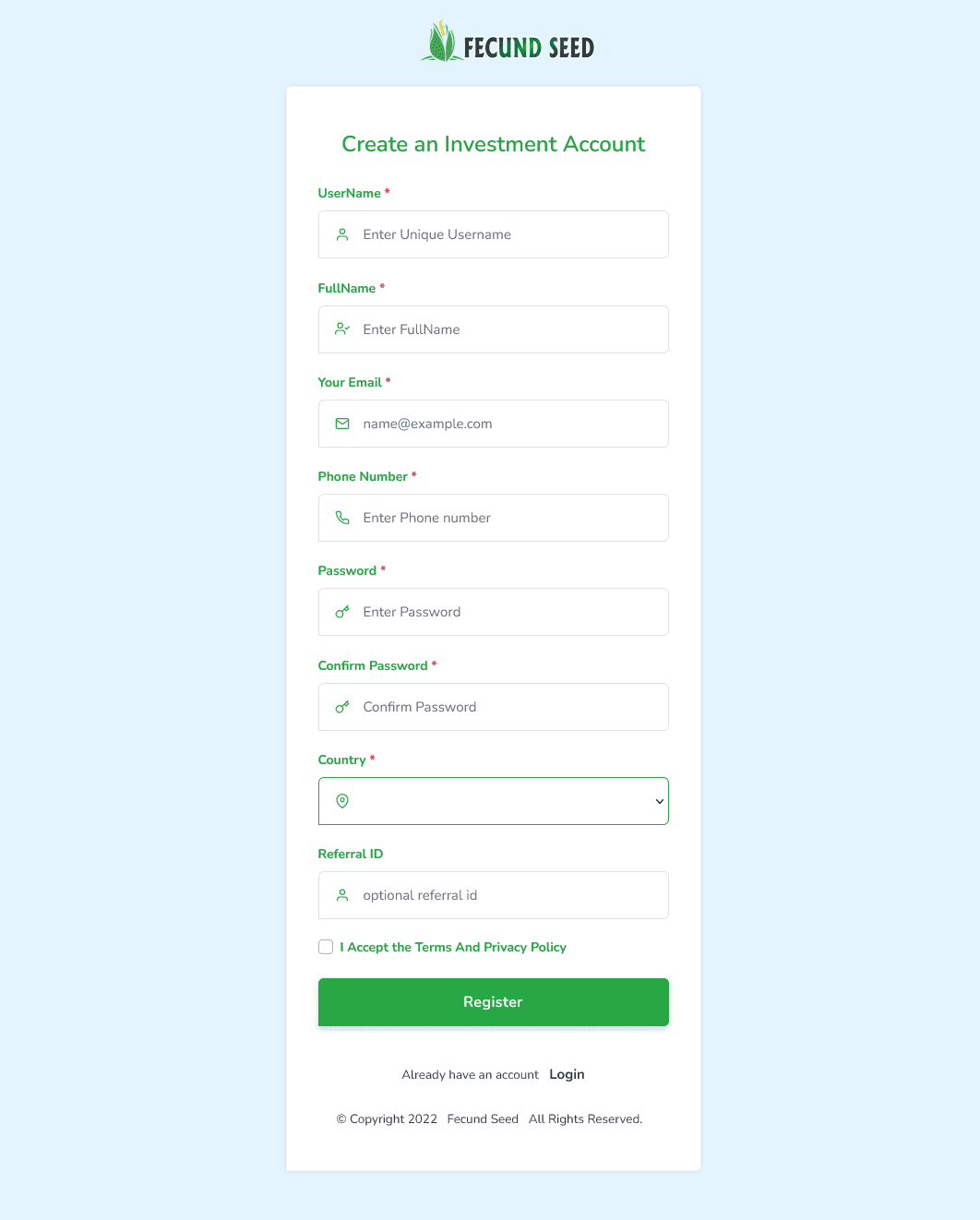 Registration Page - Fecund Seed Investment