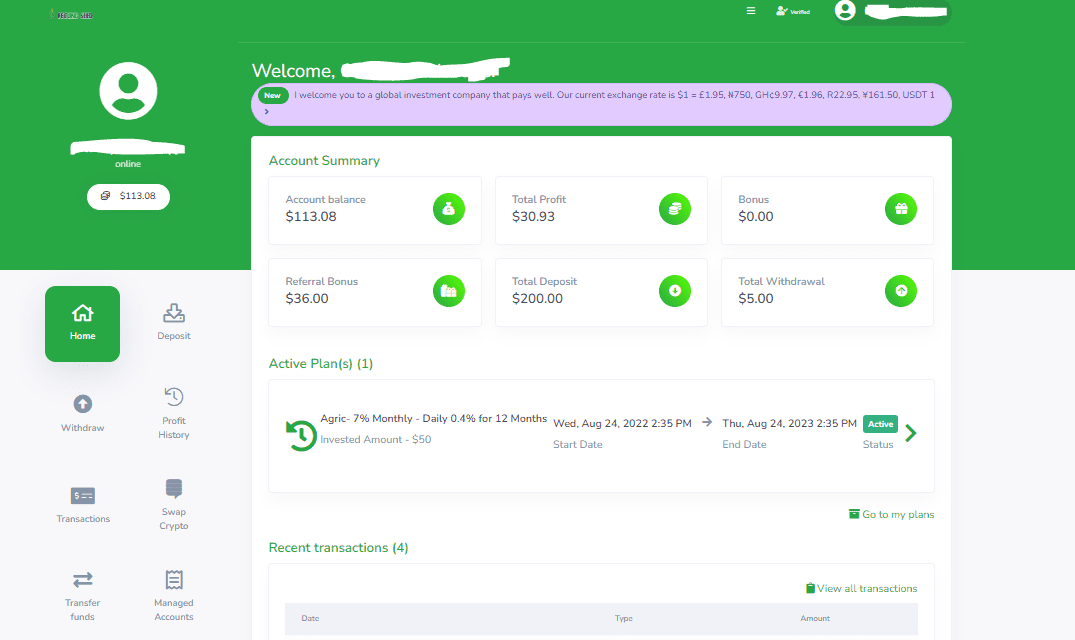 User dashboard